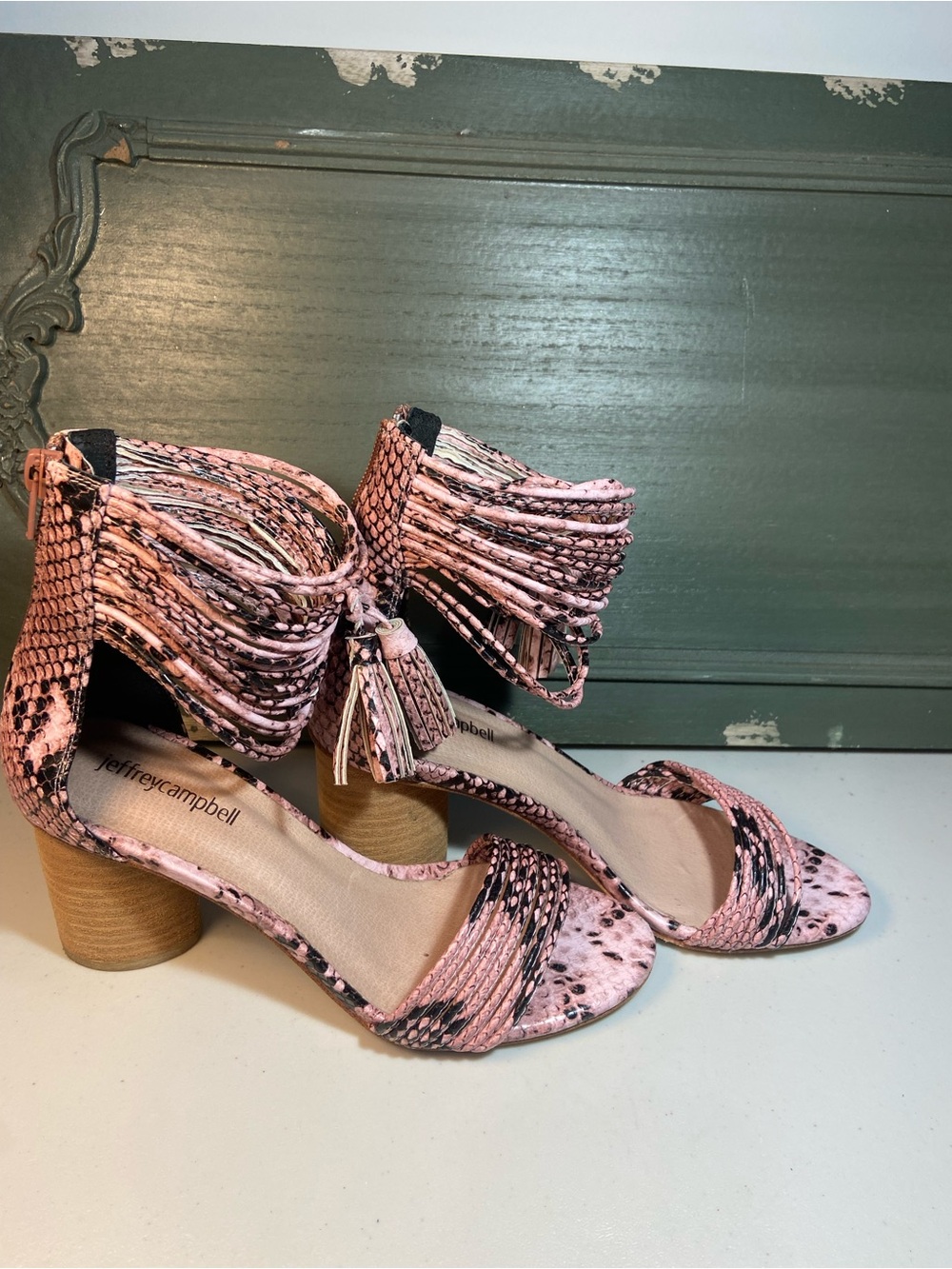 Jeffrey Campbell Pink Snake-Print Tassel Block Heel Sandals